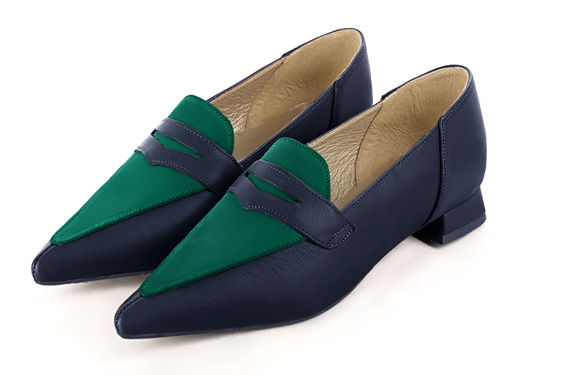 Navy blue and emerald green women's essential loafers. Pointed toe. Flat flare heels - Florence KOOIJMAN